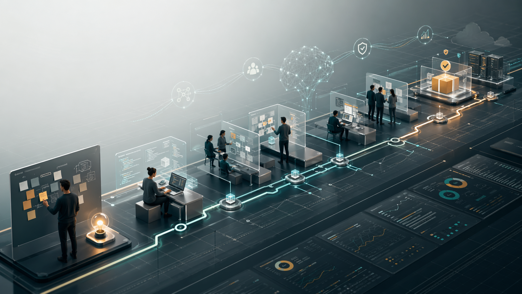 Illustration éditoriale de l'article IA et transformation du delivery software : la méthode concrète
